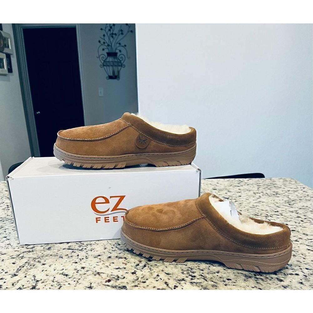 EZ Feet Men’s Genuine Sheepskin Lined Suede Hardsole Clog Slipper House Shoe
